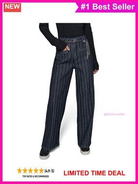 Wide Leg High Rise Jeans with Chain Belt Striped Denim